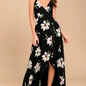 Lulus All Mine Black Floral Print High-Low Wrap Dress Sz Small